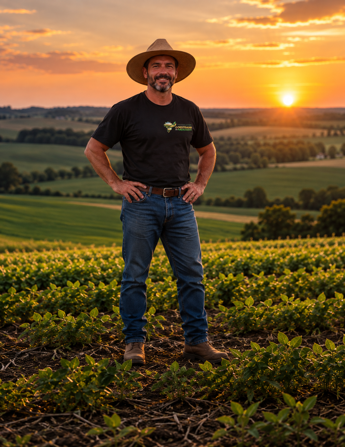 Produtor rural de chapéu em uma plantação ao pôr do sol